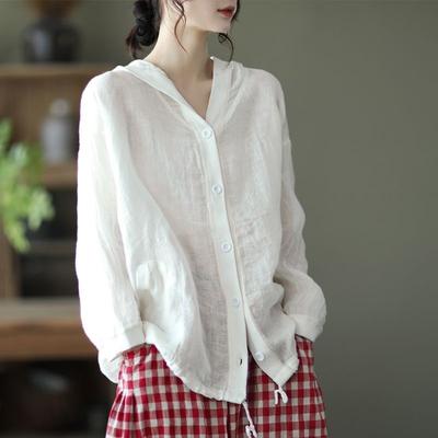 Literary Retro Cotton and Linen Hooded Jacket Women's Summer Loose Casual Thin Sunscreen Shirt All-match Long-sleeved Cardigan Top