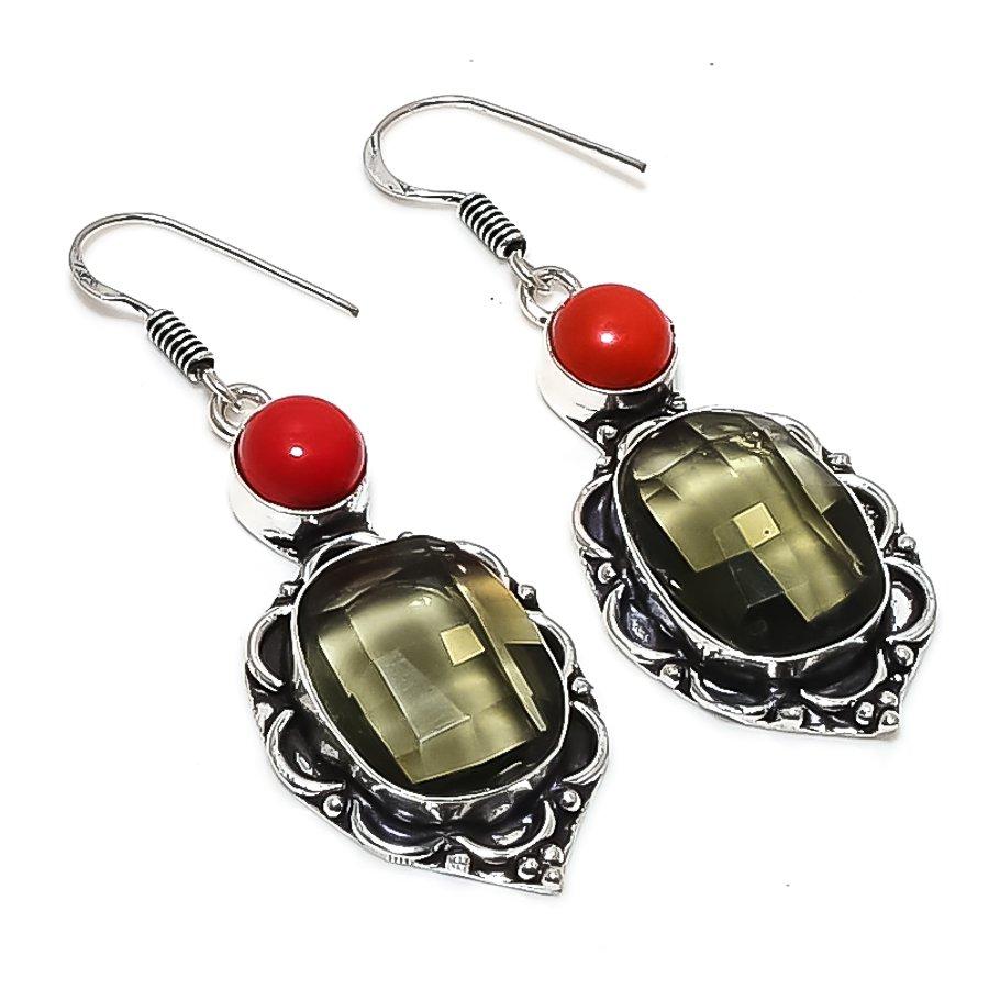 Natural Black Spinel, Coral 925 Sterling Silver Jewelry Earring 2.29" u9A60