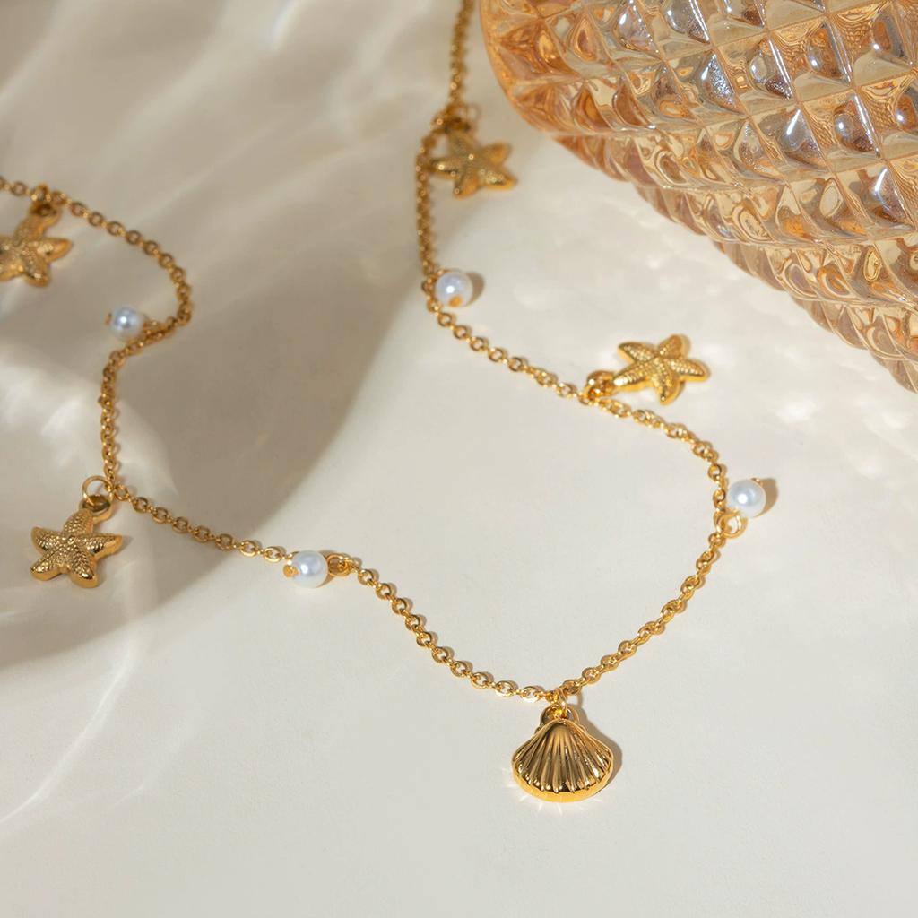 Summer Starfish Pendant Stainless Steel Stylish Necklace for Girl Cute Gold Color Waterproof Chic Zircon Party Gift