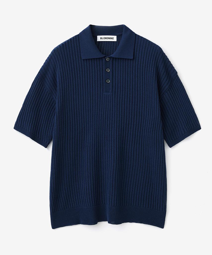 BLOND9 Cotton Rib Collar Short Sleeve Knit_Navy