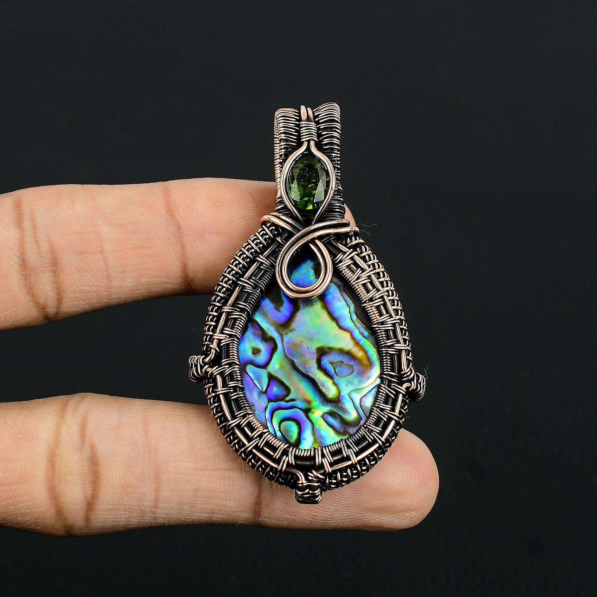 

Кулон из раковины абалона, обернутый медной проволокой 999 пробы, Ювелирные изделия с подвеской из драгоценного камня ручной работы, Подарки для жены, Совершенно новый кулон 2.55 Inches