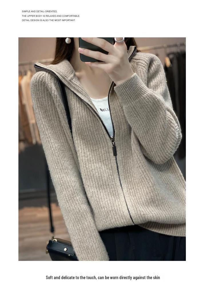 Women's Thick High Neck Zipper Cardigan - Loose Fit, Solid Color Long Sleeve Knit Sweater Coat