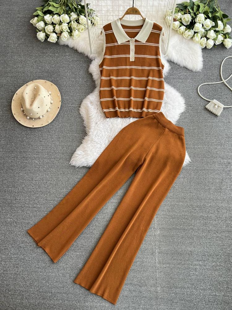 

Летний женский полосатый вязаный свитер, спортивный костюм, повседневный жилет без рукавов с лацканами, пуловер и широкие брюки, комплект из двух предметов One Size глубоко ярко-цвет