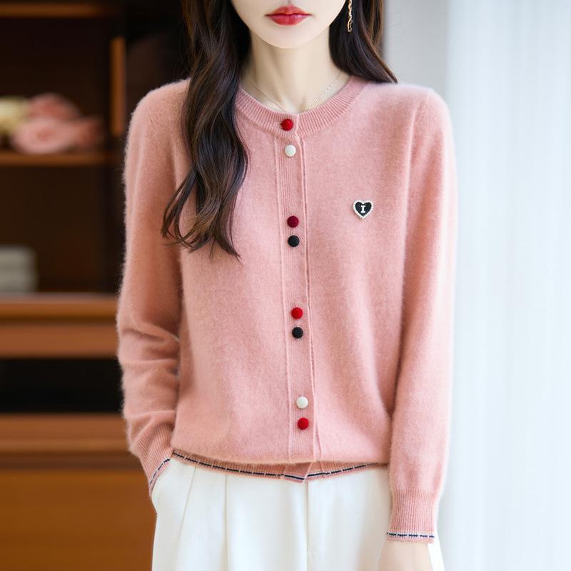 Designer Color Block Wool Cardigan - Heart Buckle, Round Neck, Versatile Casual Sweater for Autumn/Winter