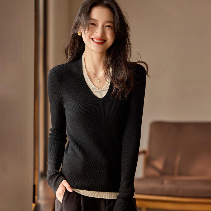 

Women s Urban Style Cashmere Sweater - 100% Pure, Double Layer U-Neck, Color Block Design, Light Luxury L