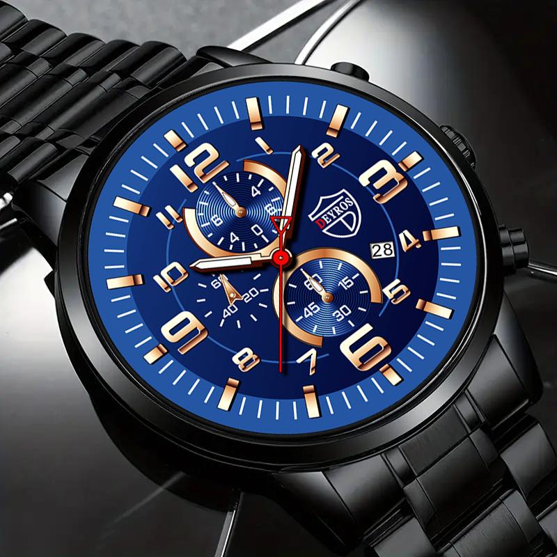 2pcs/set, Fashion Men's Calendar Quartz Watch, Casual Men's Stainless Steel Wrist Watch & Bracelet, Best Gifts for Him