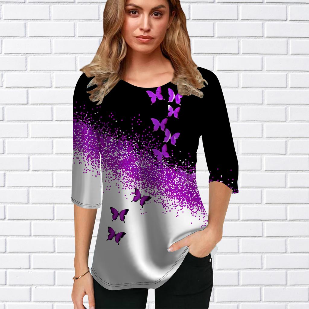 Womens Blouse 3D Oblique Butterfly Printing Flower Half Sleeve Tops Summer Casual Tops Printed Round Neck Half Sleeve T Shirt