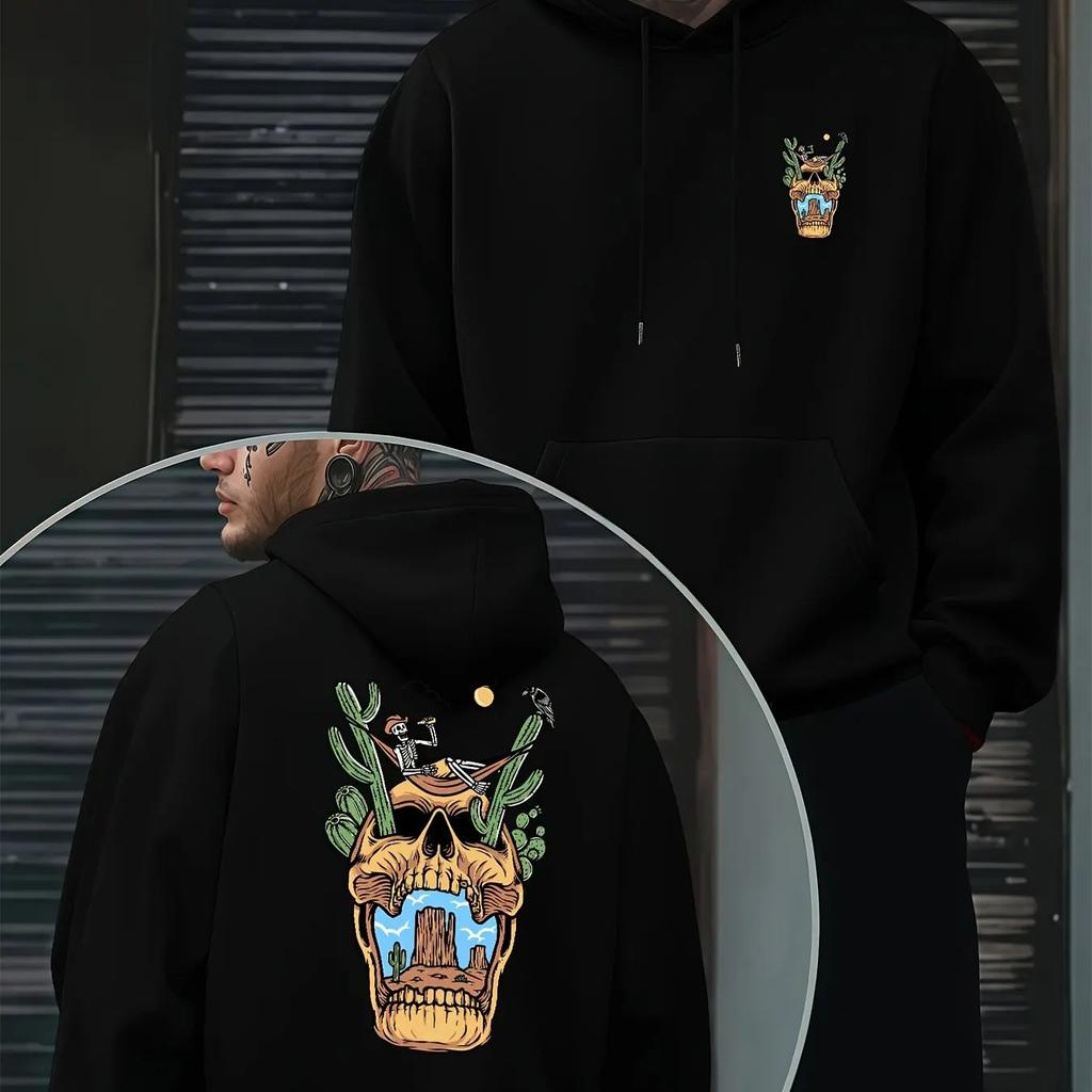 Retro Desert Skeleton Hooded Sweatshirt Men Cactus Canyon Scenery Pattern Front And Back Print Western‑Style Top
