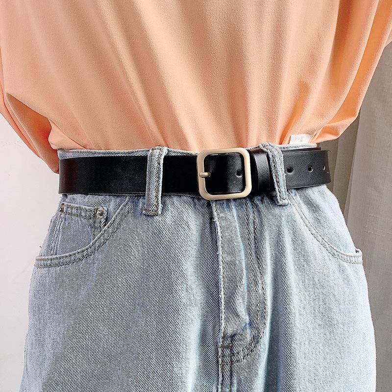 Korean Chic Retro Rectangular Silver Buckle Women's Wide Belt for Jeans