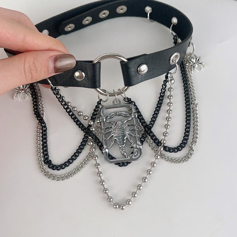 Dark Gothic Punk Metal Spider Pendant Leather Choker Necklace for Women Hip Hop Red Zircon Butterfly Clavicle Chain Jewelry