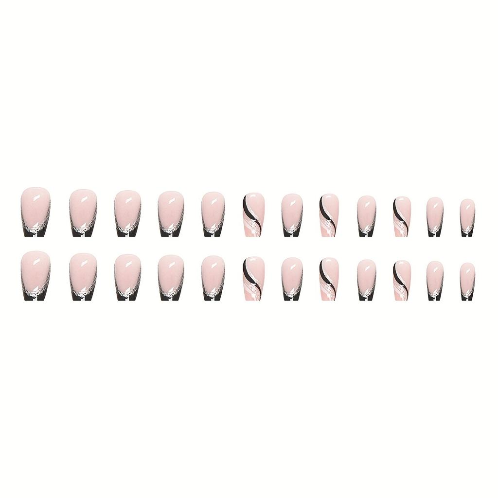 24pcs Glossy Medium Ballet Fake Nails, Black French Tip Press On Nails With Silvery Glitter White Swirl Design, Sweet Cool False Nails For Women Girls