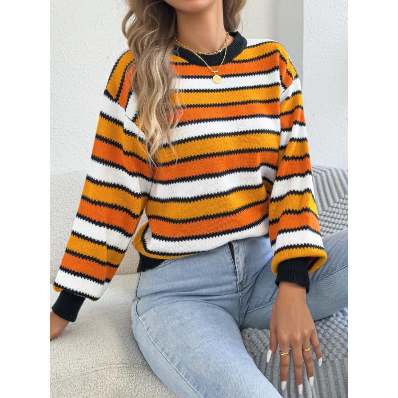Maglione da Donna Casual a Blocchi di Colore con Strisce, Maniche a Lanterna, Girocollo, Vestibilità Larga