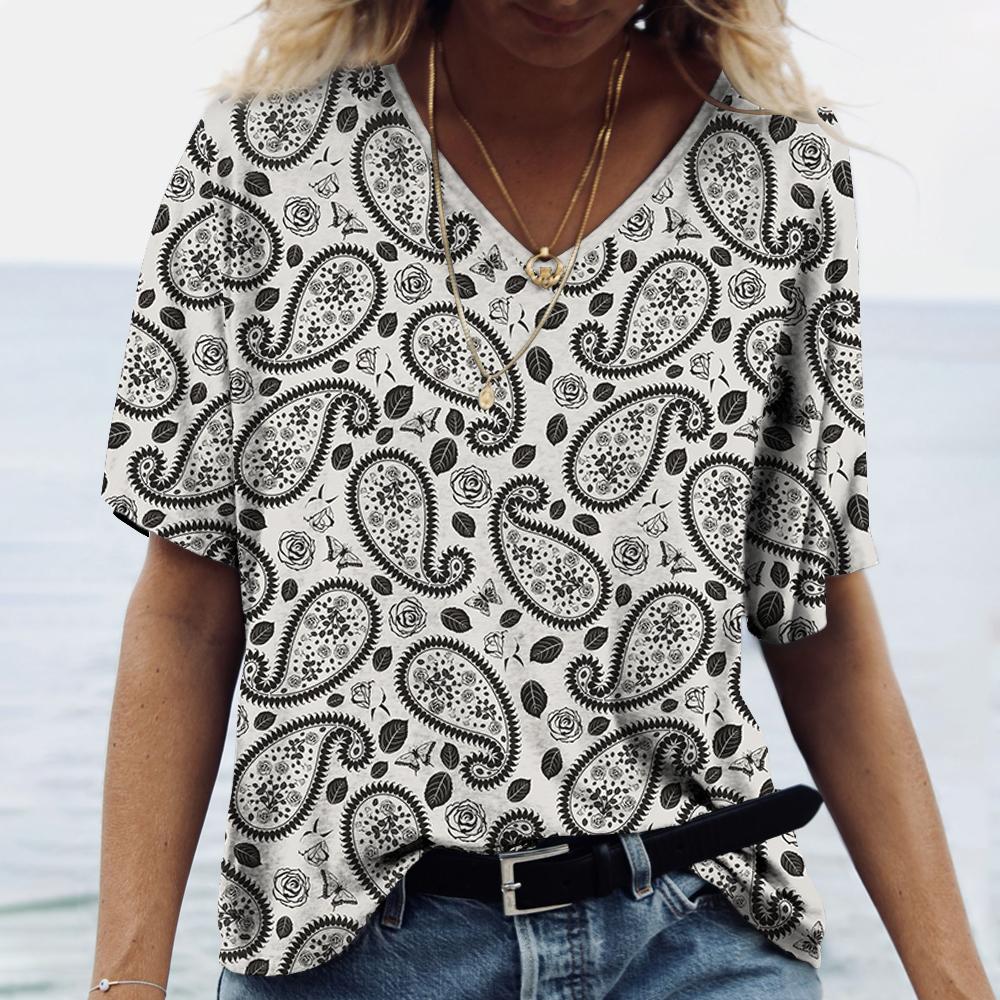 Summer V-neck 3D Vintage Ethnic Printed Top Fashionable Casual Bohemian Style Short Sleeved Women's T-shirts