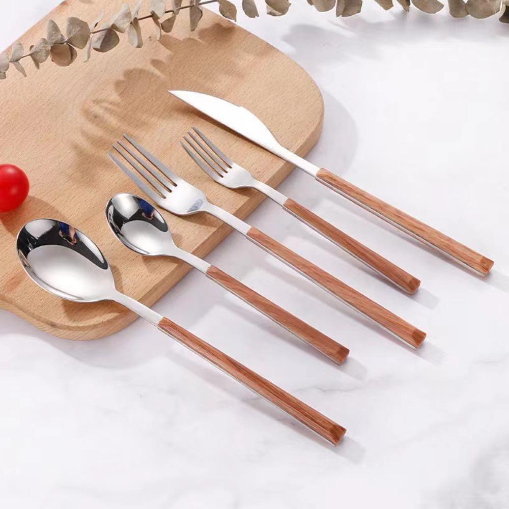 Creative Stainless Steel Spoon Fork Knife Wood Grain Portable Steak Knife Thickened Western Tableware Cutlery Set
