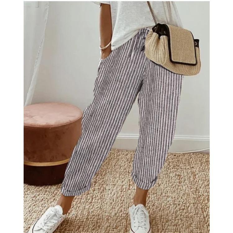 Summer New Striped Casual Pants with Loose Elastic Waist for Women
