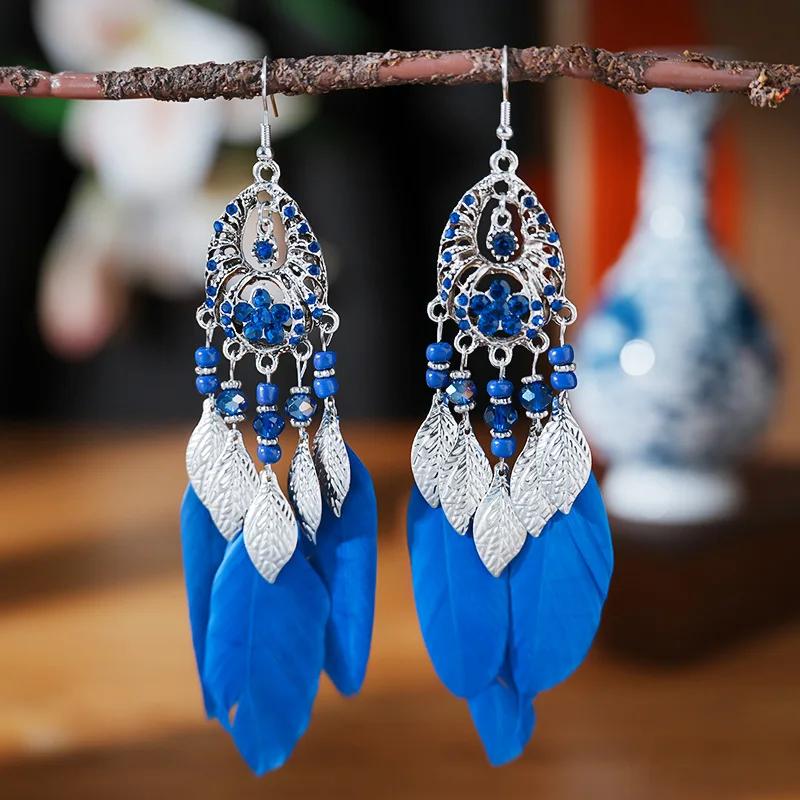 Bohemain Feather Long Earrings For Women Vintage Geometric Handmade Crystal Beads Wedding Drop Dangle Boho Girls Ear Jewelry
