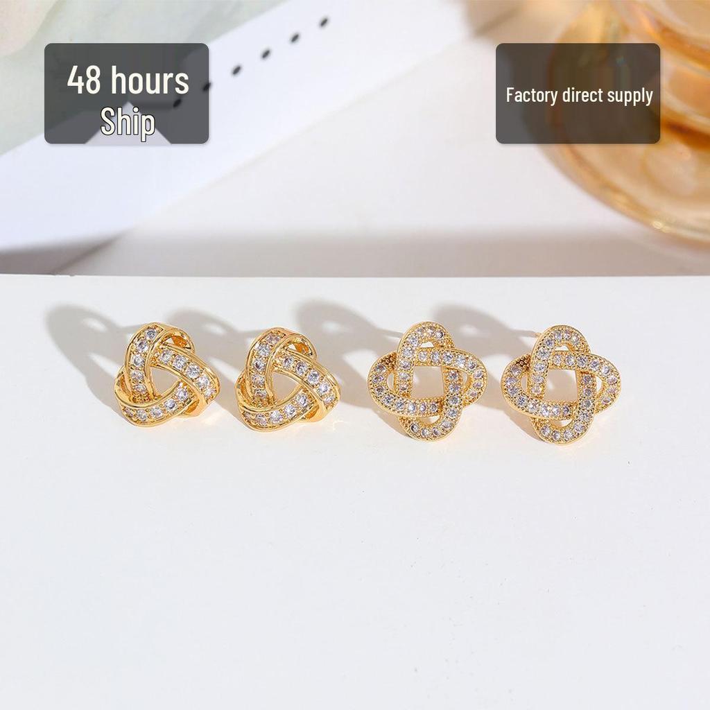 Gold-Plated Diamond Knot Stud Earrings: Elegant Chinese Style Accessories for Women