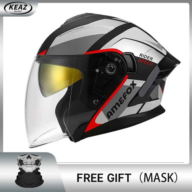Double Visor Open Face Helmet 3/4 Jet Style Motorcycle Scooter Helmet with Inner Sun Shield Flip Down Clear Outer Lens DOT