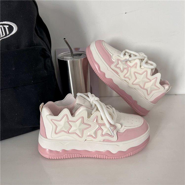 

Весенние новые кожаные кроссовки с круглым носком и звездным узором, модные тонкие туфли на шнуровке, женская верхняя одежда, повседневные кроссовки 35