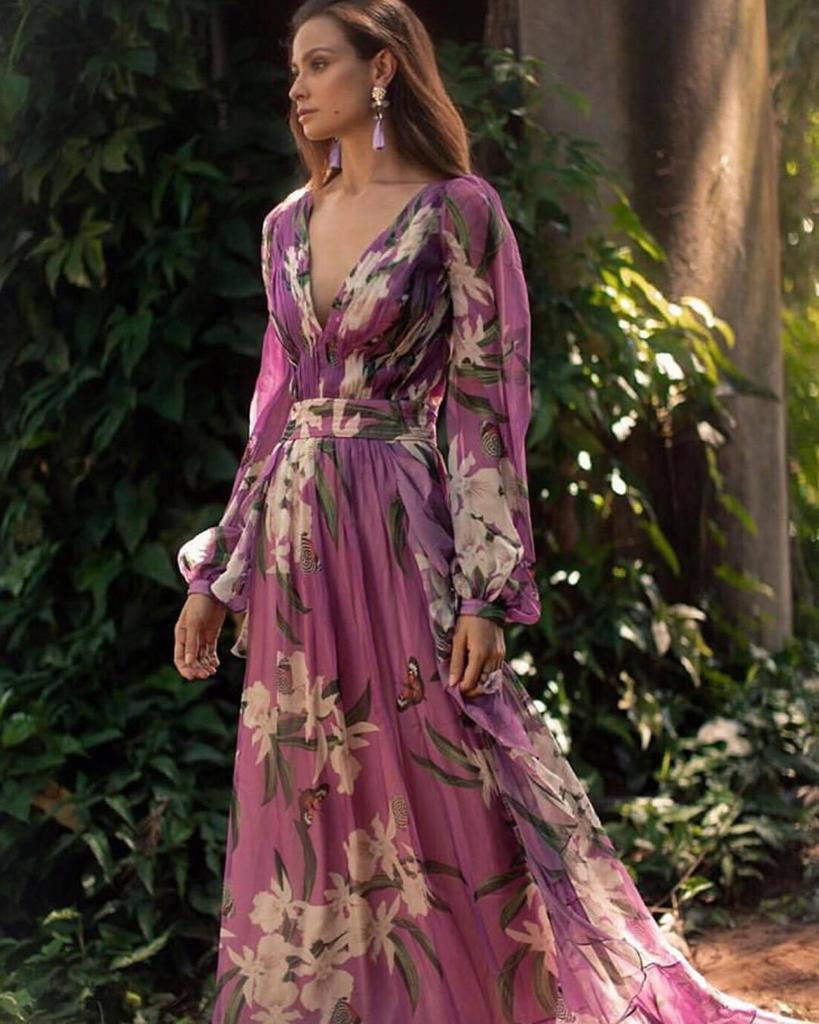 2025 Summer Women's V-Neck Long-Sleeved Printed Swing Dress