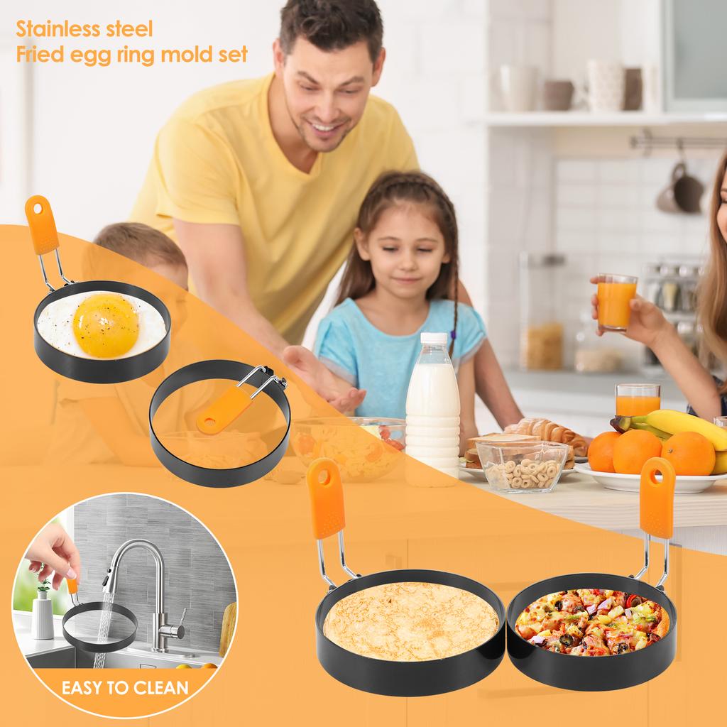 Stainless Steel Egg Ring Set Non Stick Dishwasher Safe Sandwich Egg Mold With Silicone Handle for Breakfast Muffin Pancake