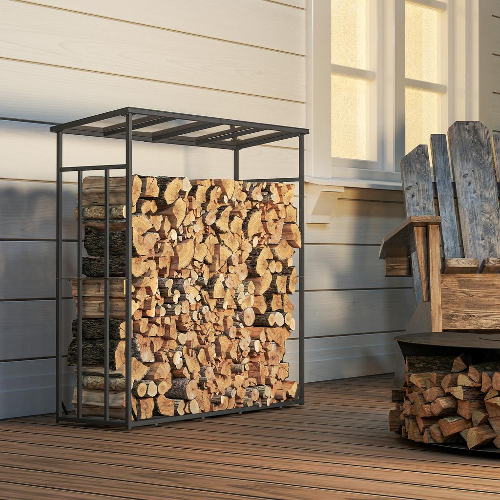 Outdoor log shelter log rack maximum load 2000 kg with waterproof protective cover 185 x 62 x 184 cm black