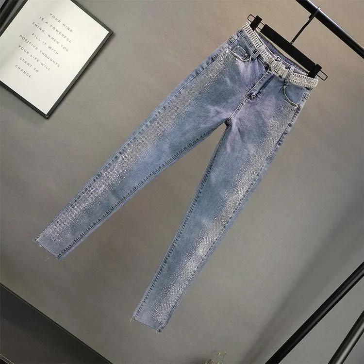 Pantaloni a Matita Streetwear Donna Primavera Autunno Vintage Slim Diamanti Vita Alta Lunghezza alla Caviglia Jeans Pantaloni di Tessuto Denim Casual