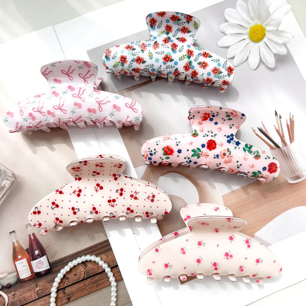 Rosa Söt Elegant Blommig Körsbär Hårklämma Set, Akryl Tryck Rosett Tusensköna Hårnålar för Kvinnor Sommar Blommig Håraccessoar