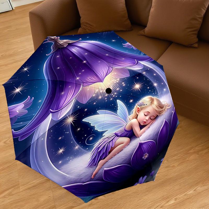 1 Stück Feenblume Automatisches Öffnungs-/Schließschirm mit Winddichtigkeit, Stabiles Dach mit 8 Speichen, Langlebige Speichen, Modisches Design, Outdoor-Accessoire, Lustiger Druck, Hol