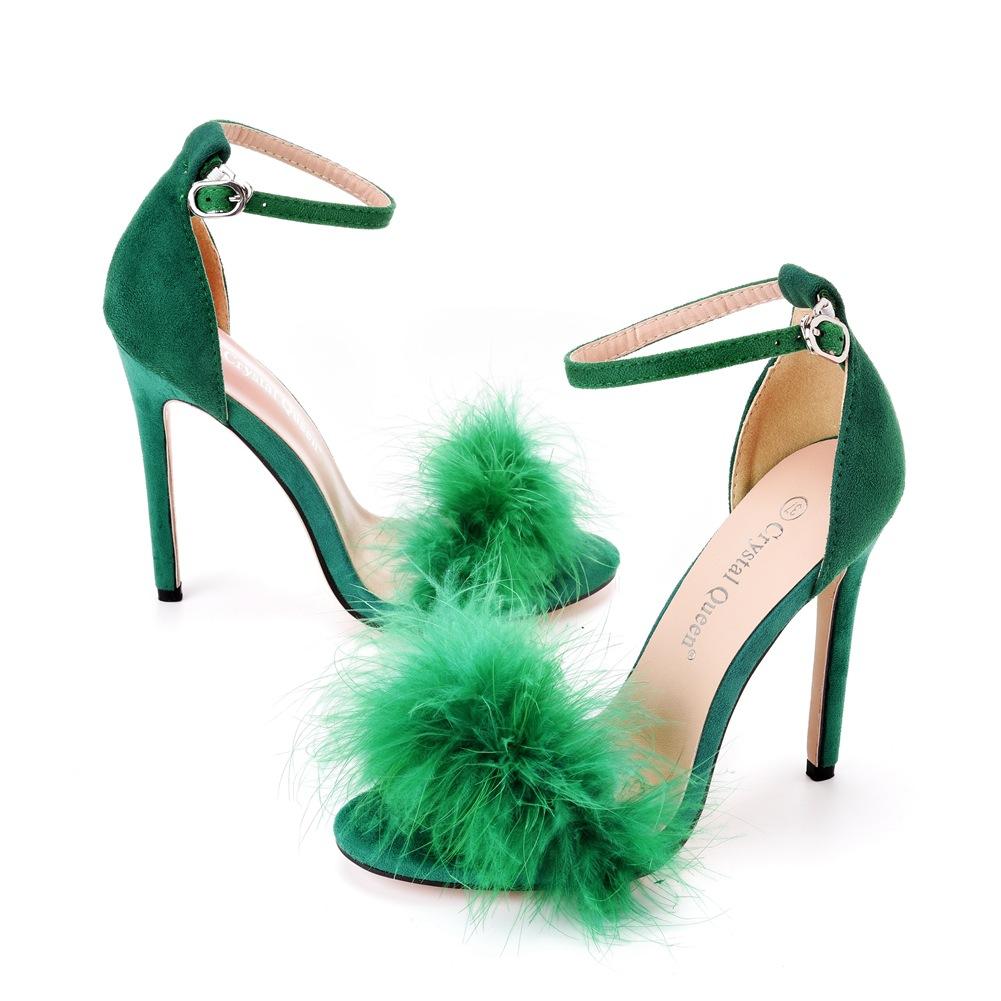 Fashion 2025 Nightclub Party Sexy Feather High-Heeled Sandals European And American One-Line Fish-Mouth High-Heeled Sandals Women'S Plus