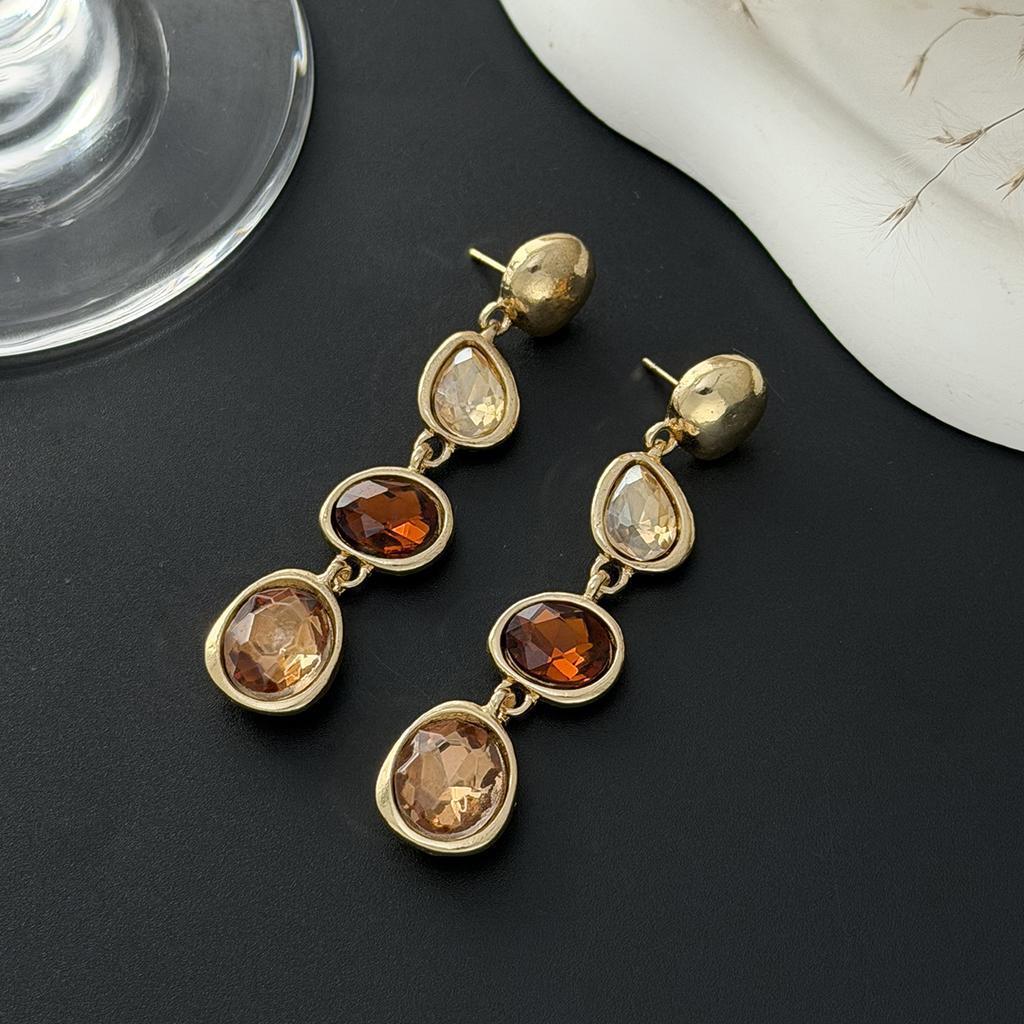 KunJoe Trendy Exquisite Colored Glass Drill Drop Earring Women Vintage Elegant Oval Metal Piercing Ear Banquet Jewelry Accessory