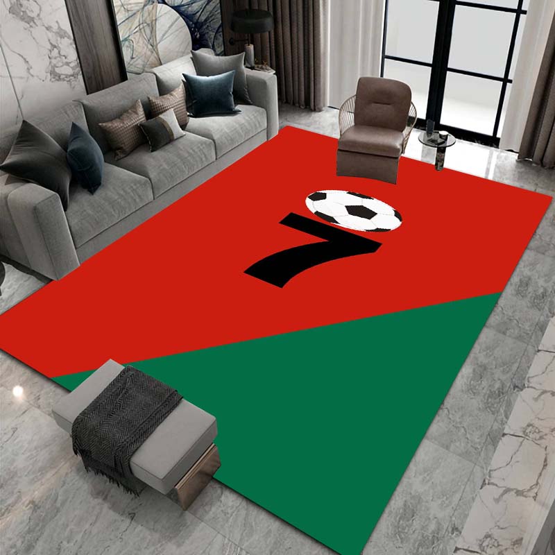 Red and Green Color-Block "Number 7" Soccer Rug – Minimalist Geometric Sports Floor Mat – Non-Slip Large Rug for Boys' Bedrooms and Teen Rooms