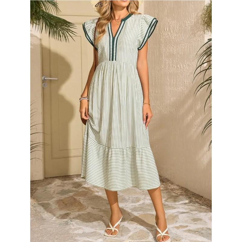 2026 Womens Striped Ruffle Short Sleeve Dress Color Block V Neck A Line Casual
