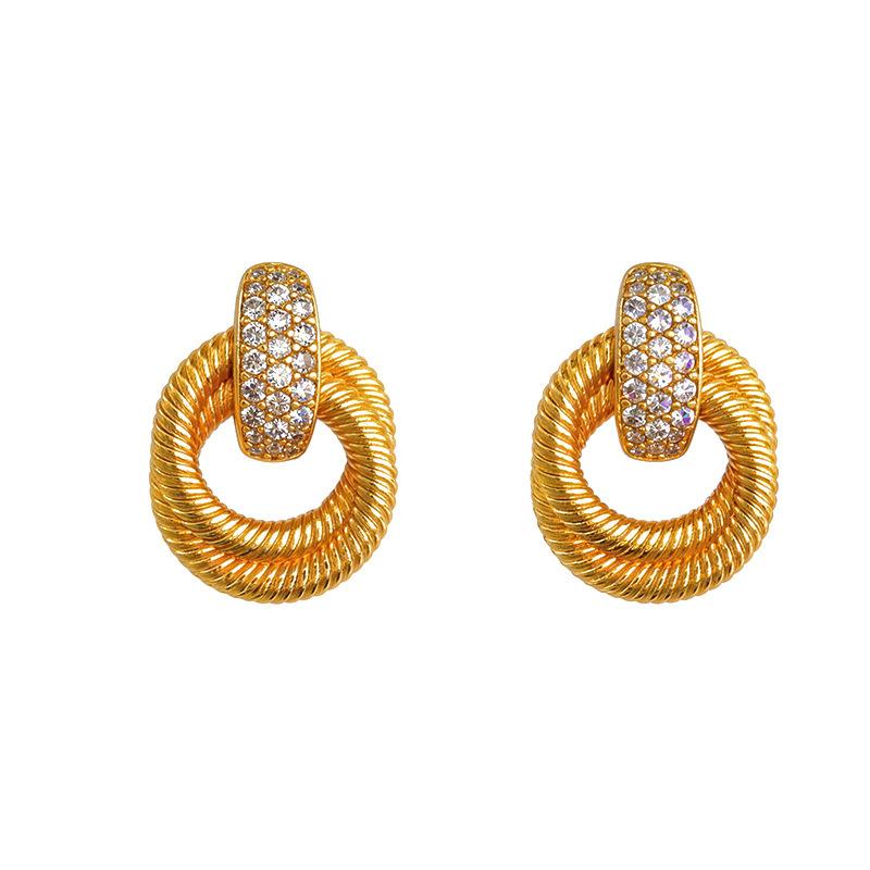 Daily Versatile Diamond-Studded Twist Double Ring Big Stud Earrings For Women 24K Gold Au999 | Suitable For Commute And Parties