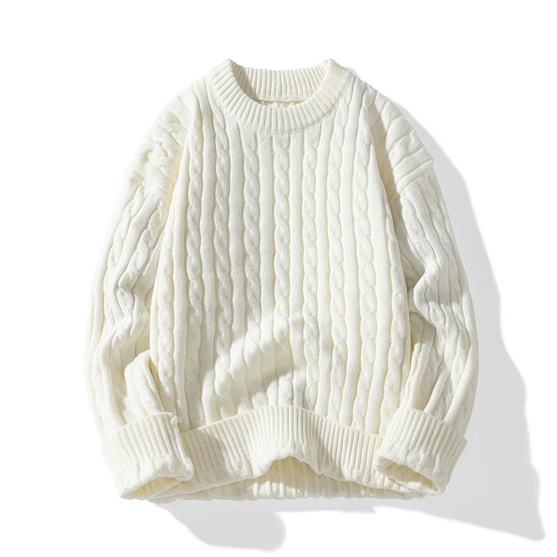 Suéter de Punto Trenzado Liso de Cuello Redondo Invierno Primavera Moda Casual Masculina Prendas de Punto para Hombre