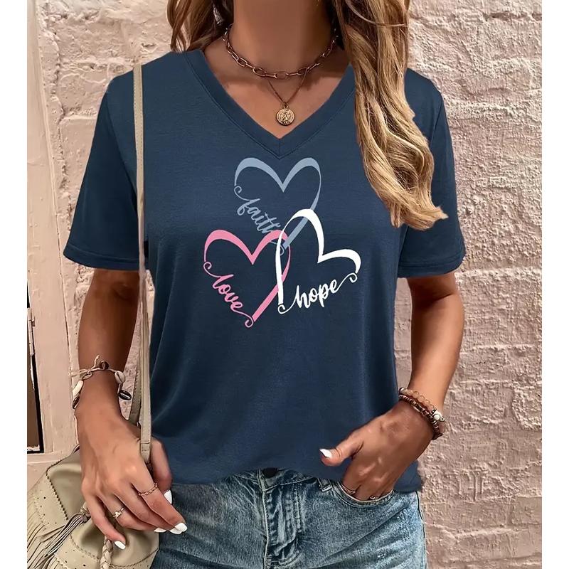 

Fashion Spring Love Painting Blouses Short Sleeved V-Neck T Shirts Casual XS синій