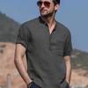 Herren Leinenmischung Henley Kurzarmhemd Lässig Stehkragen Lockerer Schnitt Streetwear Oberteil