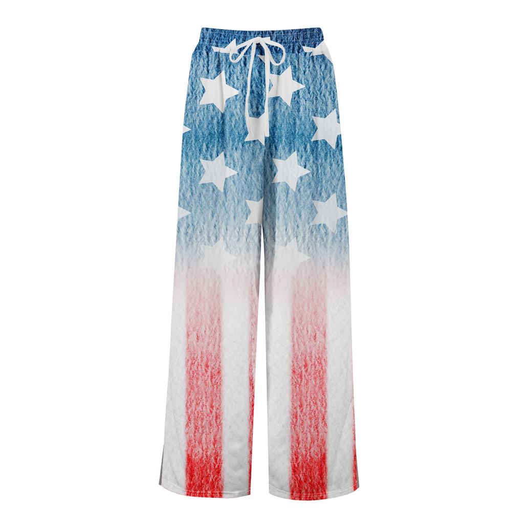 Damen Sommer Boho Palazzo Hose Hohe Taille Weites Bein Independence Printing Freizeithose mit Taschen