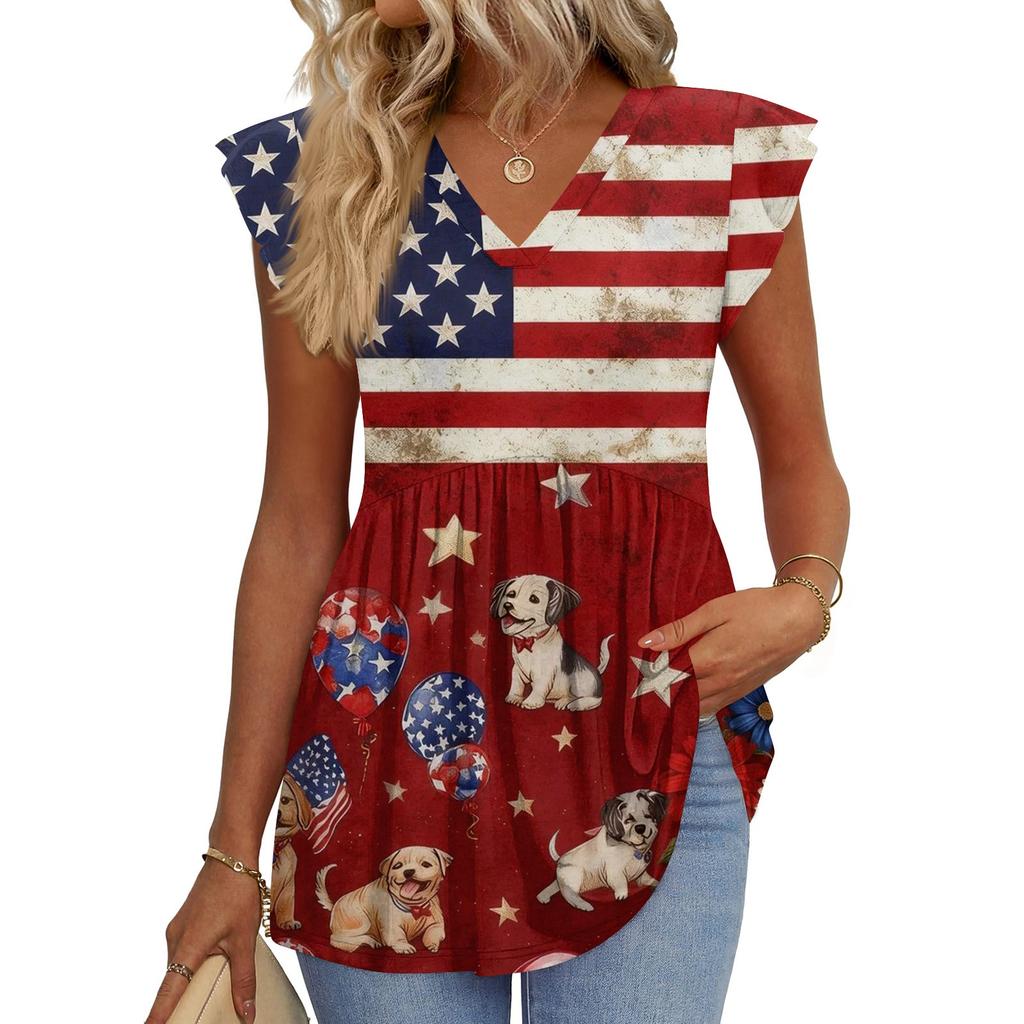 Hauts pour femmes T-shirt à manches courtes tendance col en V manches à volants Blouses professionnelles