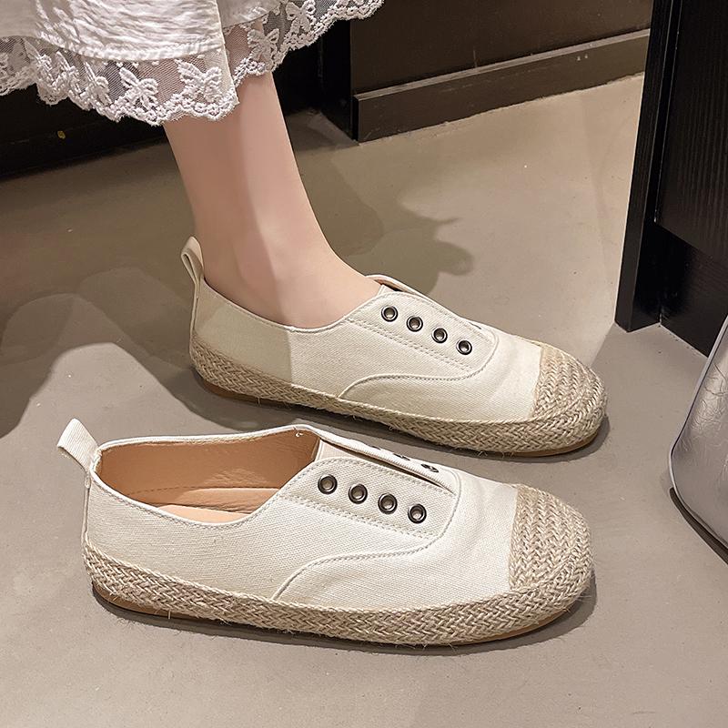 Aphixta Beige Espadrilles Splicing Flat With Shoes Metal Button Shallow Women Loafers Elastic Band Woman Casual Shoes