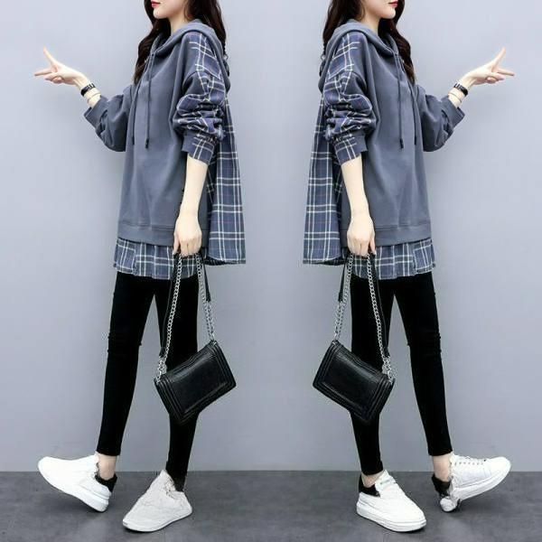 Plaid Stitching Fake Two-piece Long-sleeved Sweater Women's Spring Loose Hooded Mid-length T-shirt Top