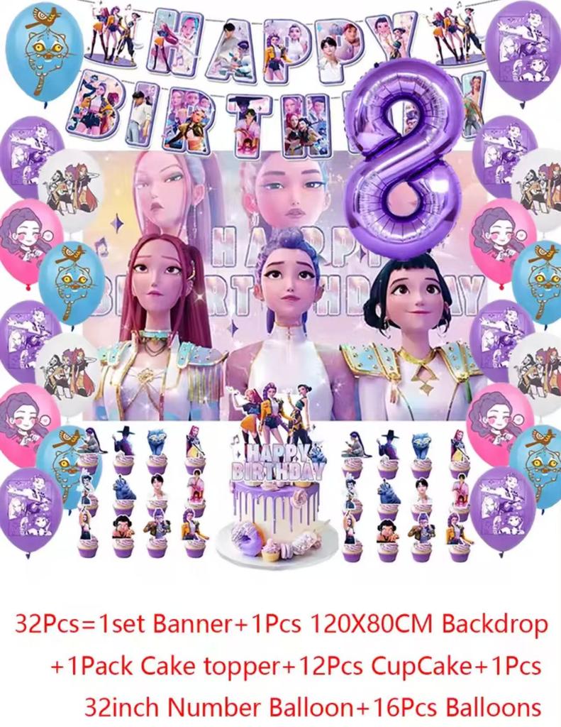 Sada příborů Demon Hunters Party Banner Pozadí Balónky Dortový Topper Venkovní Piknikové Potřeby Narozeniny pro Korejskou Kpop Anime Párty