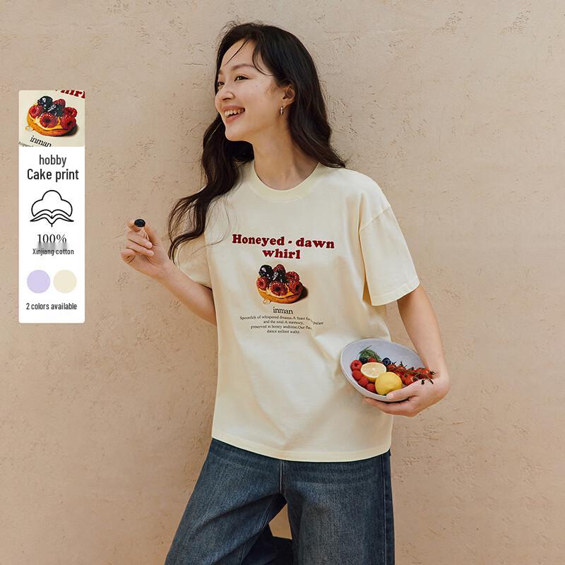 

INMAN Women s Loose Fit Cotton Short Sleeve T-Shirt with Cake Print L