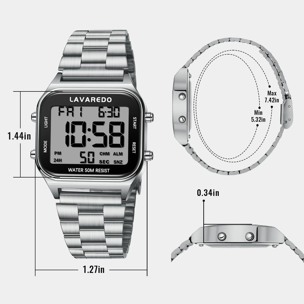 ShunkanSai Herren Armbanduhr aus Edelstahl, Wasserdicht, Digital mit Multifunktions-LED-Anzeige, Datum, Wochentag, Wecker, Timer und Anleitung