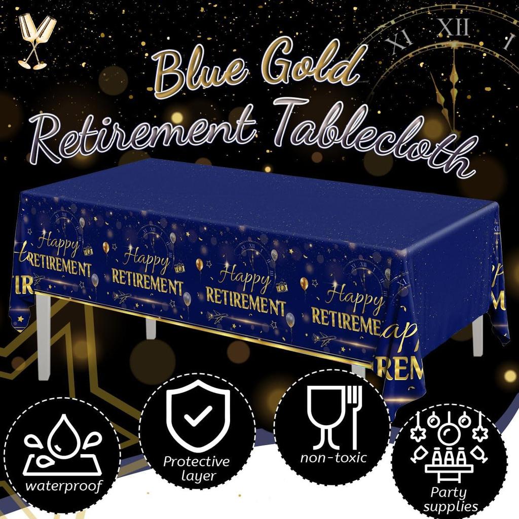GREHUMOR Happy Retirement Tablecloth 3Pcs-Retirement Party Decorations Blue Gold Tablecloth for Women Men Plastic Rectangle Disposable Table Cover