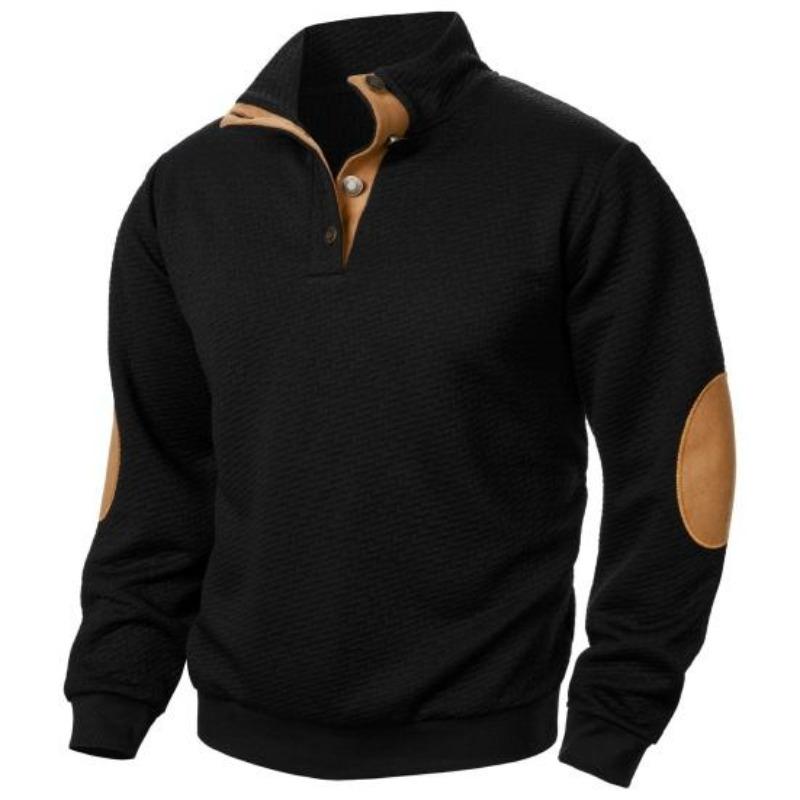 Yousheng Men Sweatshirt with Elastic Cuffs Stand Collar Long Sleeves Patchwork Loose Contrast Color Buttons Casual Daily Wear School Mid Length Top