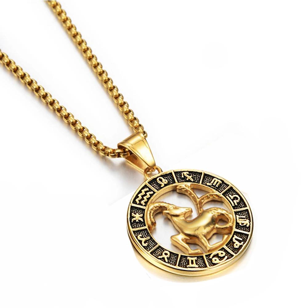 Gold Stainless Steel Zodiac Necklace Leo Scorpio Pendant for Women Men 12 Constellation Round Charm Jewelry Gift