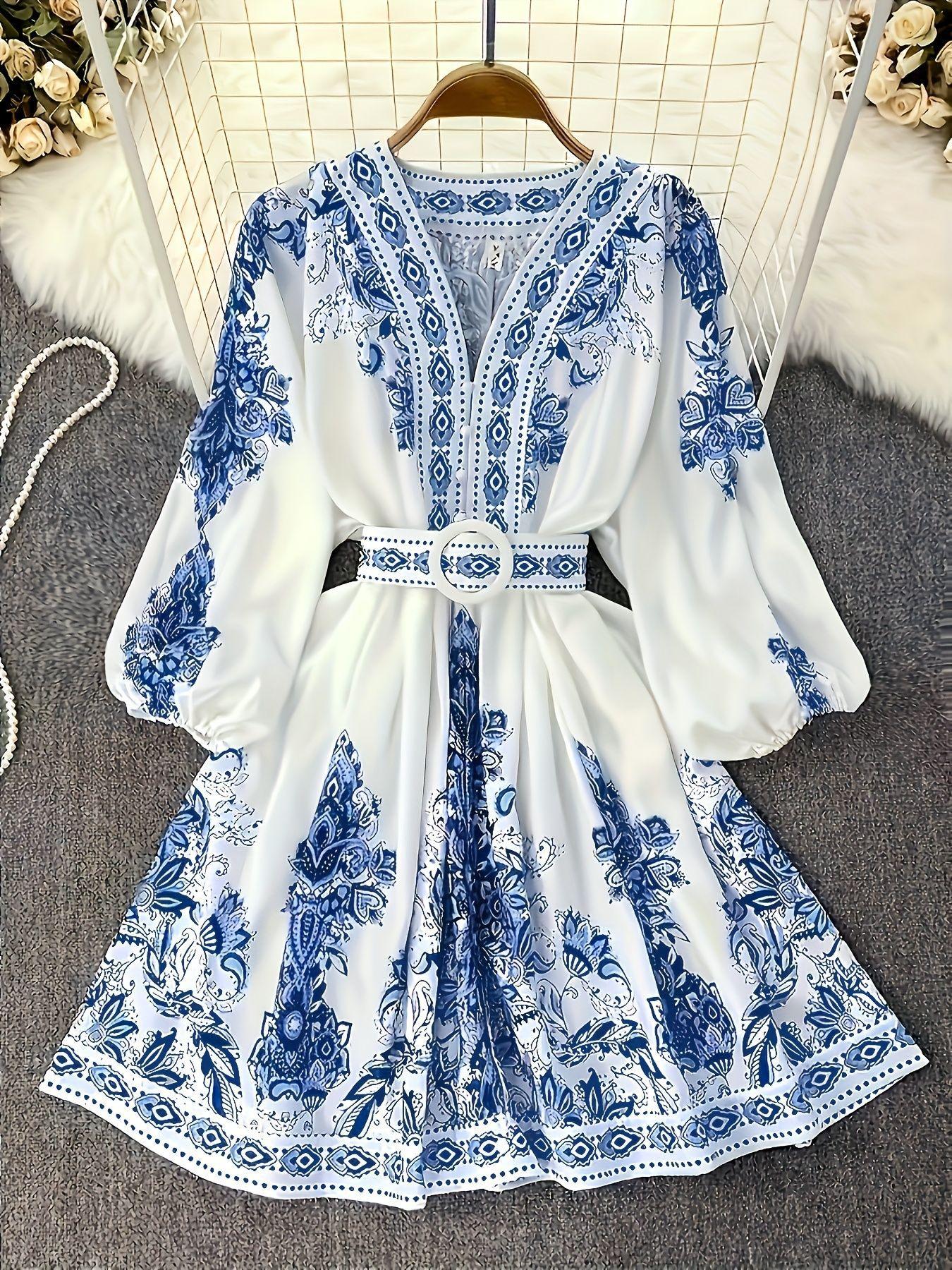 Women s V Neck Floral Print Bell Sleeve Midi Dress with Belt S