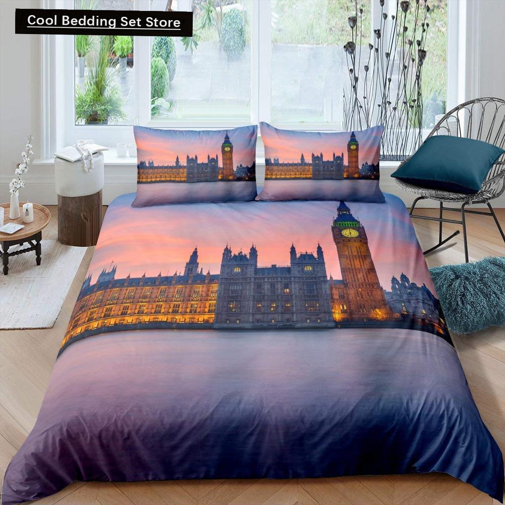 London Telephone Booth King Queen Duvet Cover The Big Ben Bedding Set Retro United Kingdom Quilt Cover Red Grey Comforter Cover