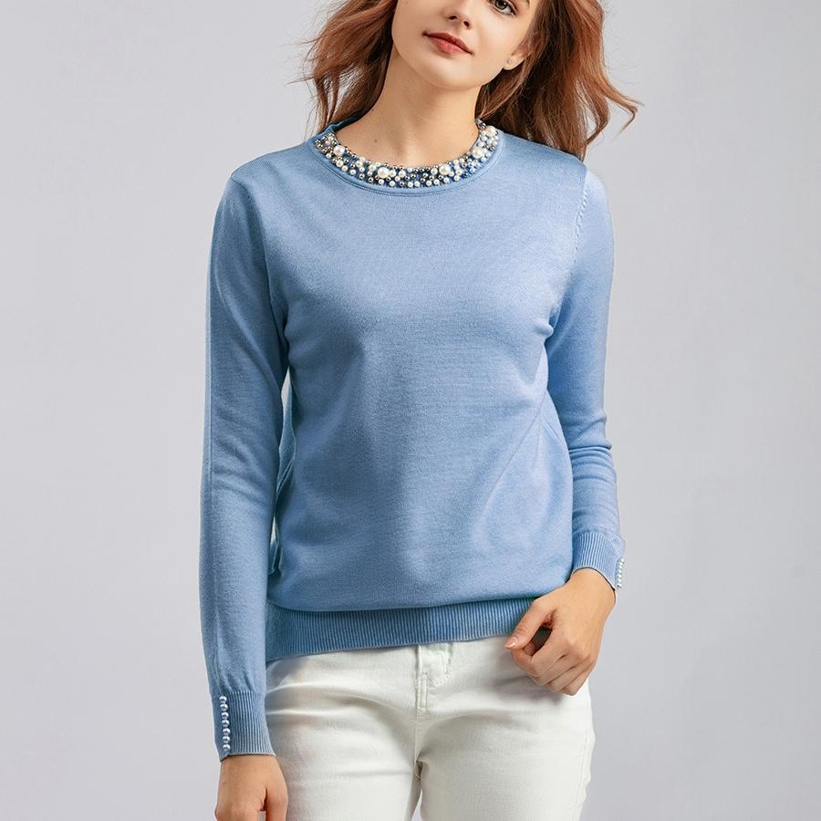 Autumn Winter Women's Crew Neck Beaded Pullover Sweater Long Sleeve Loose Solid Color Stretchy Knit Sweater